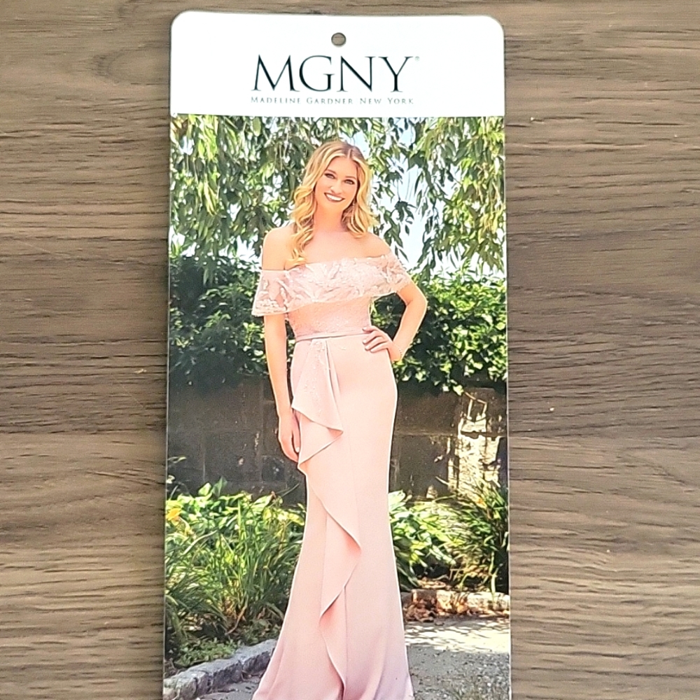 MGNY Blush colored formal gown with exquisite beading